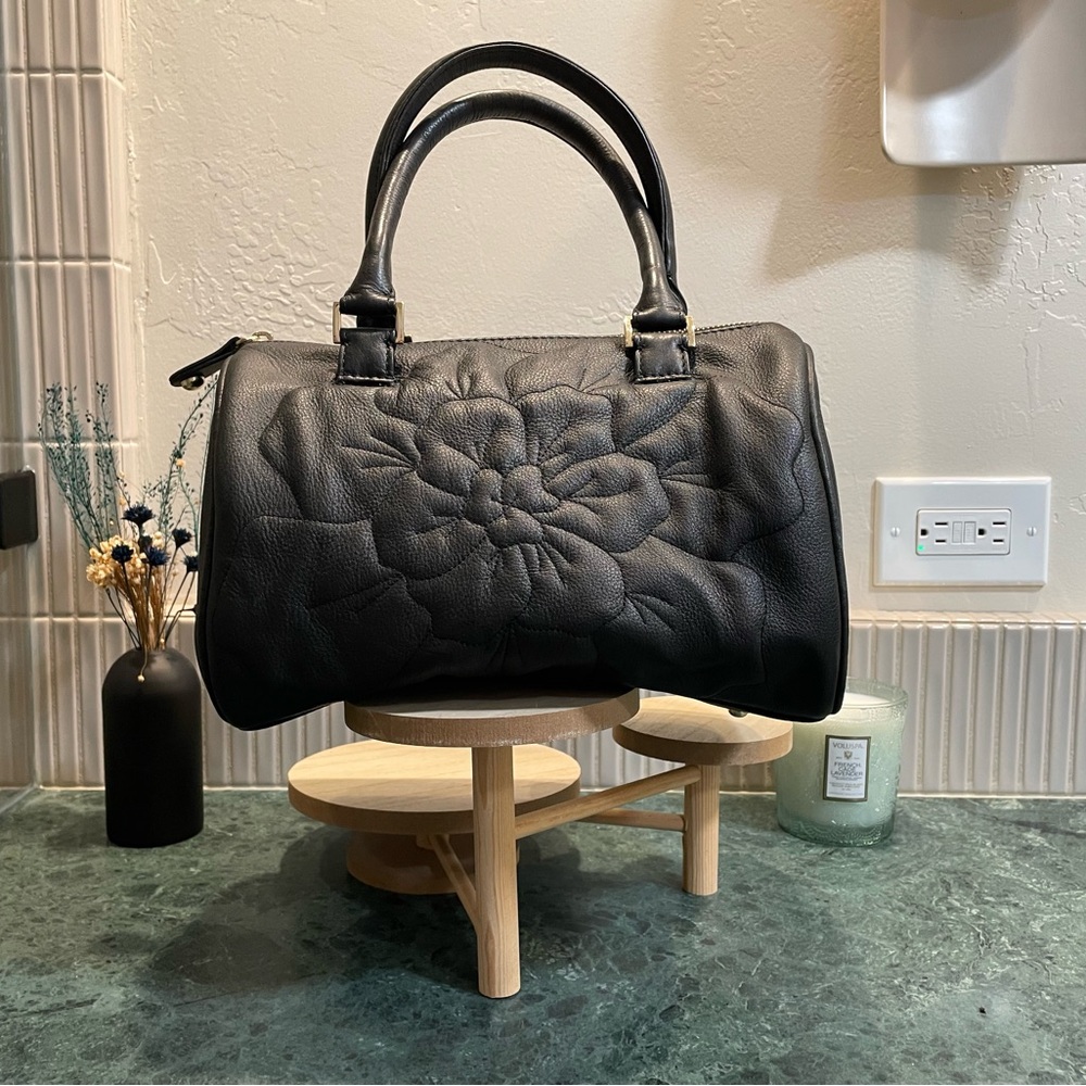 Anne Fontaine Black Leather Floral  Handbag